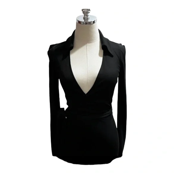 Diane Von Furstenburg New Jeanne Two Black Crepe Wrap Tie Plunge Dress Sz Xs-Sm - Picture 4 of 15